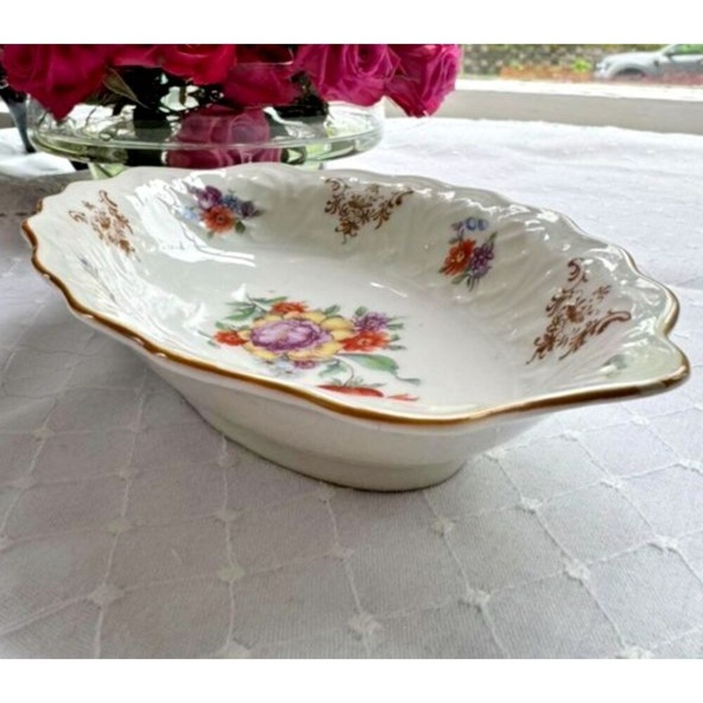 Schumann Bavaria Serving Bowl Gilt Dresden Floral Oval Scalloped Porcelain - Picture 12 of 14